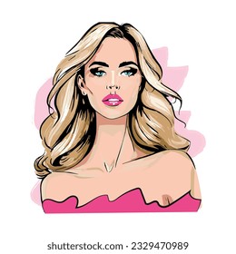 Moda rosada, hermosa joven con pelo rubio y ropa rosada. Colección rosa popular. ilustración vectorial.