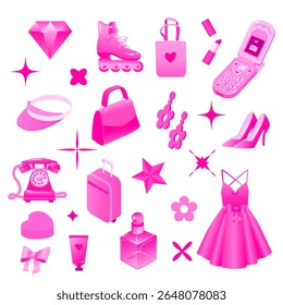 Pink fashion and beauty y2k icons collection with dress lipstick handbag roller skate heels perfume flip phone jewelry makeup travel bag vintage phone star shapes and girly accessories