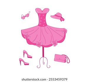 Pink fashion holiday collection. Ball gown on hanger, mannequin, shoes, bag, hat, sunglasses. Set of doll accessories and clothes for princess. Vector illustration, isolated background.