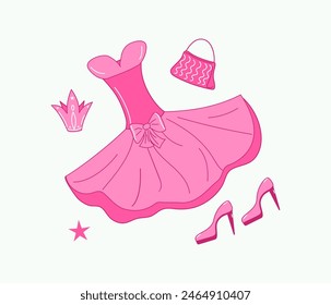 Pink fashion party set. Set of doll accessories and clothes for the princess. Ball gown, shoes, bag, crown. Vector illustration, isolated background.