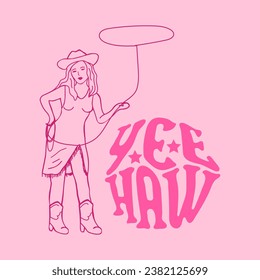 Pink fashion print with Cowgirl and lettering phrase yeehaw. Cowboy western and wild west theme. Hand drawn vector poster.