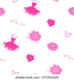 Pink fashion repeat print. Fancy seamless pattern with girlish dress, kids lips, brilliant sign drawing on sketch cartoon style. Magenta monochrome background. 