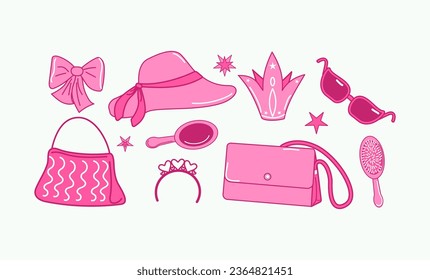 Moda rosada, accesorios de muñecas de colección rosa. Bolsa, embrague, bolso cosmético, accesorios para el pelo, sombrero, corona de princesa. Ilustración vectorial, fondo aislado.