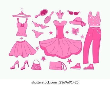 Pink fashion set, pink doll accessories and clothes. Suit, dress, shoes, hat. Vector illustration, background isolated.