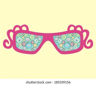 Pink fashion sunglasses. Flower meadow. Print on t-shirt. Vector illustration.