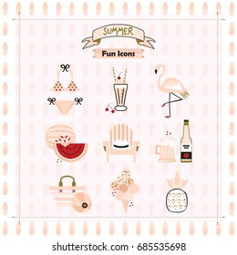 Pink fashion trends summer and beach fun icons set on pattern background