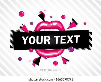 Pink fashionable mouth is holding black tag vector art that you can place your text.