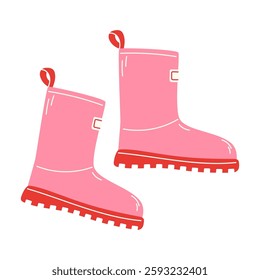 Pink Fashionable Rubber Boots with Red Sole for Rainy Weather in Spring or Fall, Flat Style Isolated on White Background