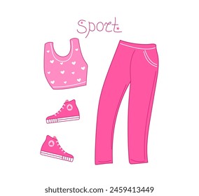 Pink fashionable sports collection of clothes and shoes. Sports suit, sneakers for running and training. Pants and T-shirt for girls. Set of doll accessories. Vector illustration, isolated background.