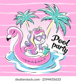 Pink fashionable summer print with Unicorn. print Gift Tag. Holidays. Banner. Party Pool. 