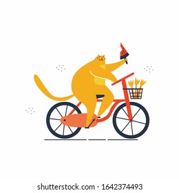 Pink fat cat with watermelon ice cream rides on bicycle. Food basket with tulips clipart. Outdoor sport’s trip. Fitness lifestyle theme. Design elements for cards, posters, t-shirt. 