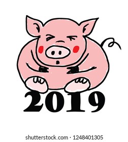 A pink fat pig sitting on the number 2019 for the twelfth zodiac sign of the Chinese horoscope in year 2019. Hand drawn vector illustration.