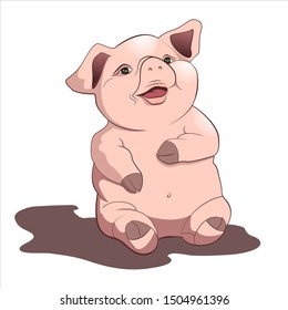 Pink fat pig sitting in a puddle and laughing