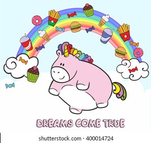 Pink fat unicorn flying in the sky with fast food. Dreams come true. Vector illustration. Fairy tale character on the background of the rainbow and clouds 