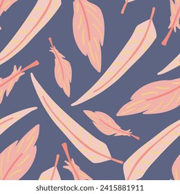 Pink feathers on blue background seamless pattern flat design