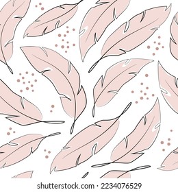 Pink feathers. Seamless pattern for girls. Delicate feather on a white background.