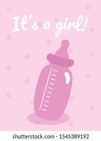 Pink feeding bottle. Hand drawn illustration for baby shower.Pink polka dot background.The inscription "It's  a girl"