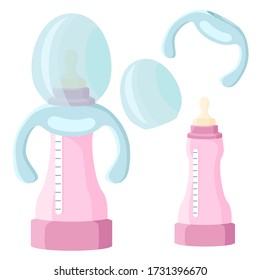 Pink feeding bottle. A set of bottles for milk. Breastfeeding. Blue elements. Vector illustration.