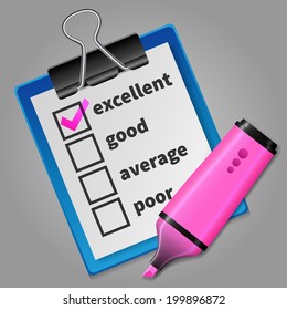 Pink felt tip pen and blue tablet with checklist, isolated