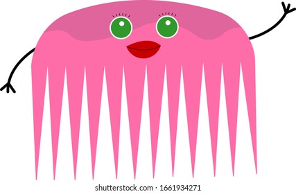 Pink female hairbrush cartoon character with round green eyes and red lips object on a white background hygiene and beauty concept.