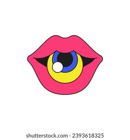 Pink female lips with eye inside psychedelic funky groovy icon vector flat illustration. Woman mouth with eyeball surreal funny emoji comic emoticon abstract decorative element trendy contour sticker