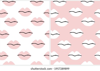 Pink Female Lips Isolated on a White Background. Pastel Pink and White Hand Drawn Mouth Seamless Vector Pattern. 