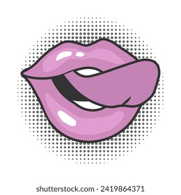 Pink female lips on a dotted retro background. Vintage illustration in 90s pop art style. Sticker, vector