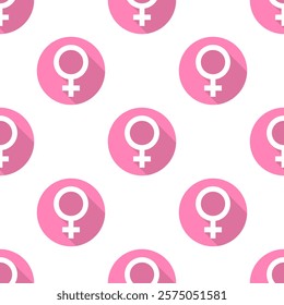Pink female long shadow round gender icons on white background. Vector seamless pattern.