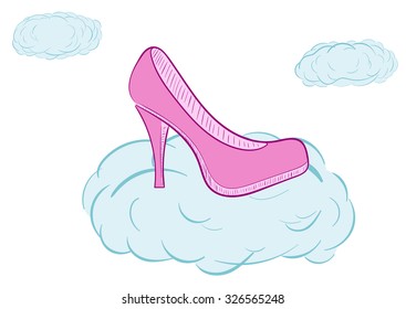 Pink female shoe on a cloud in the sky