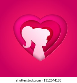 Pink Female Silhouette In Layered Heart. Girl Face Profile In Paper Cut Out Art Style. Portrait. Origami Love Heart. Romantic February Holidays Card. Valentines Day. Children Illustration. Vector