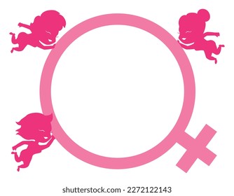Pink female symbol held by three silhouettes of happy, floating women.