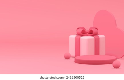 Pink feminine 3d cylinder podium pedestal with heart and gift box for product show realistic vector illustration. Elegant advertising showcase empty shopping sale festive holiday presentation