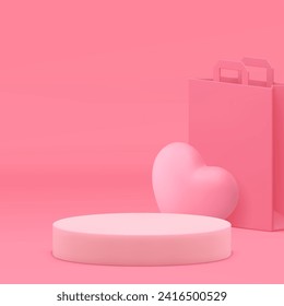 Pink feminine 3d cylinder podium pedestal shopping gift with heart realistic vector illustration. Elegant romantic commercial showroom cosmetic product sale advertising showcase studio interior