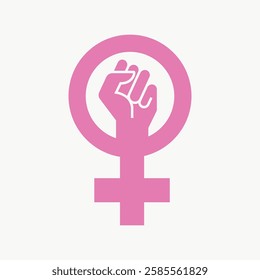 Pink feminist symbol with a raised fist. Feminism icon, empowerment, gender equality. Feminist symbol representing strength and unity. Feminism and empowerment. Vector isolated on white.