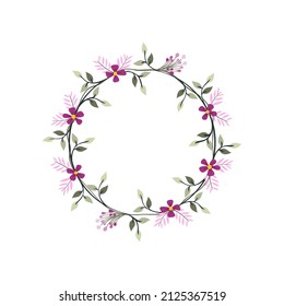 Pink Fern, Iris and Lavender flower wreath. Green decorative ivy. Spring floral round frames. Creeper plant flat vector illustration