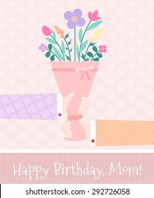 Pink festive background with bouquet of flowers and hands of her husband and son. Design holiday cards, banners. Mom's birthday. Retro background. Vector illustration.