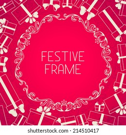 Pink festive background. Gift boxes silhouettes and vintage frame. There is place for your text in the center.