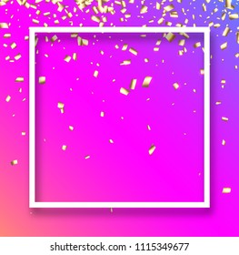 Pink festive background with white frame and gold paper confetti. Vector illustration.