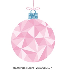 Pink festive ball with triangle geometric pattern, Christmas tree decoration toy, vector