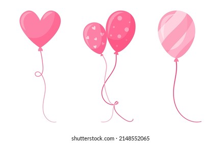 Pink festive balloons of classic shape and heart shape. Striped, with circles and hearts. A symbol of the holiday, a decorative element. Vector illustration in a flat cartoon style isolated on white