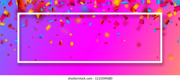 Pink festive banner with white frame and colorful paper confetti. Vector illustration.

