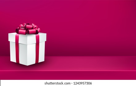 Pink festive, birthday, New Year or Christmas poster with white 3d gift box with satin bow. Vector background.

