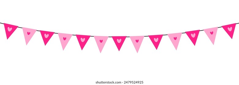 Pink festive bunting for Valentines Day isolated on white background.