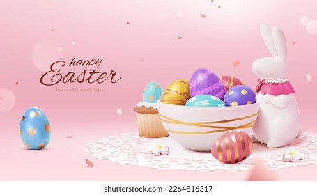 Pink festive Easter poster. 3D illustrated adorable porcelain rabbit standing next to bowl of painted eggs and cupcake on pink background. svg