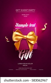 Pink Festive flyer or poster. Top view on gift box and bow with beautiful backdrop. Vector illustration