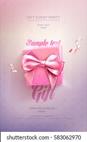 Pink Festive flyer or poster. Top view on gift box and bow with beautiful backdrop. Vector illustration