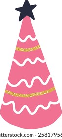 Pink festive party hat with golden glitter stripes and a dark blue star celebrating a birthday party or special occasion, adding a touch of fun and whimsy to the celebration