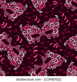 Pink festive pattern with masquerade masks. Vector seamless background