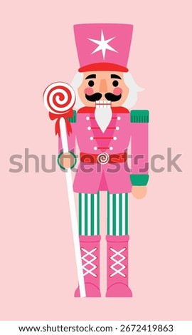 Pink Festive Solder Nutcracker Toy with Lollipop Scepter, Christmas Toy Character for Celebrate, Greeting Toy Figurine illustration