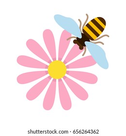 Pink field flower with bee top view vector flat material design isolated on white